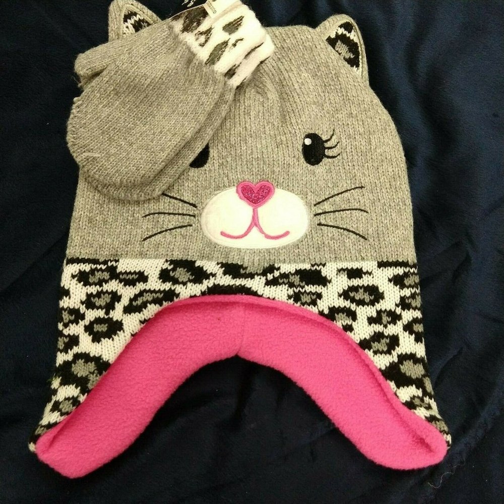 Kitten Cat Hat Toboggan With Mittens Leopard Gray 2T-5T